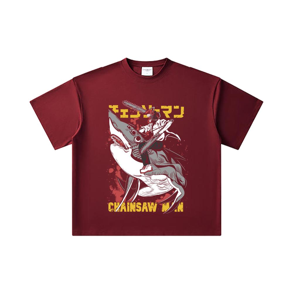 

260 GSM Double Yarn 32 Count 100% Cotton Chainsaw Man V43 Denji Print Unisex Heavy Cotton T Shirt 2XL вина червоного кольору