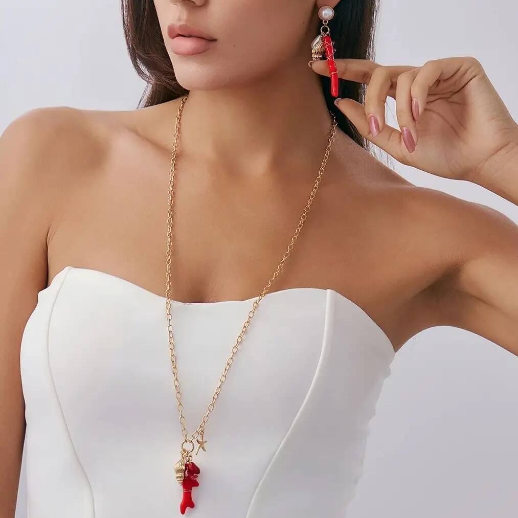 

Ingemark Simple Conch Starfish Pendant Necklace Piercing Drop Earrings for Women Summer Beach Long Chain Vacation Jewelry Set