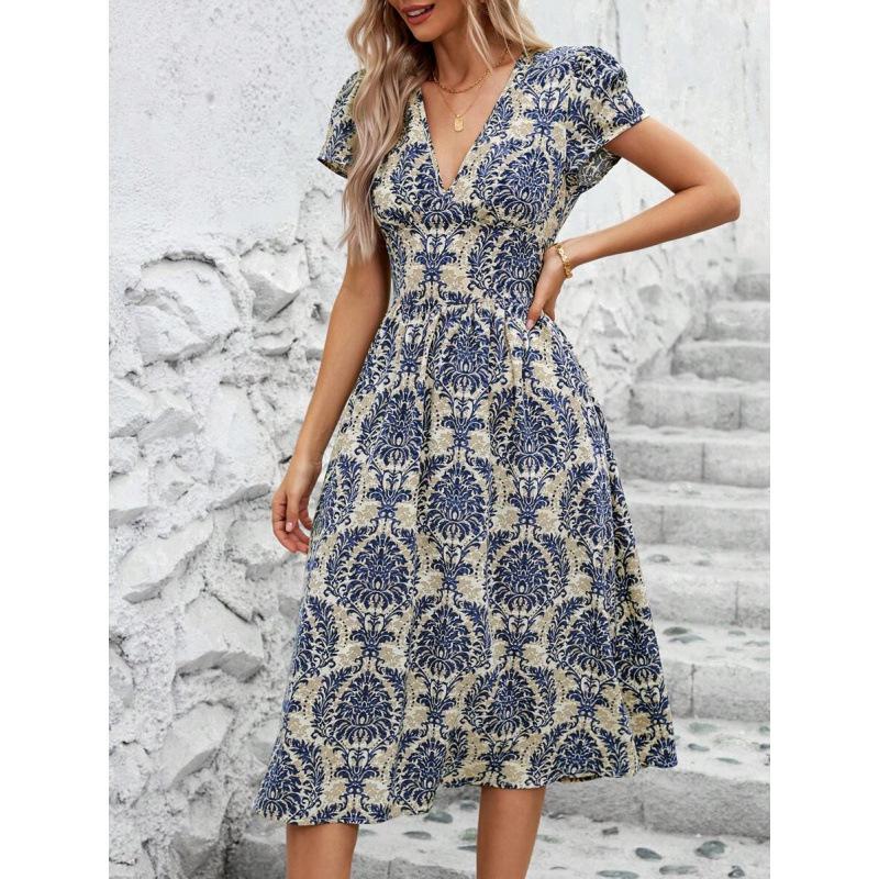 Europe, America 2026 summer new elegant V retro printing waist thin temperament dress women S синий
