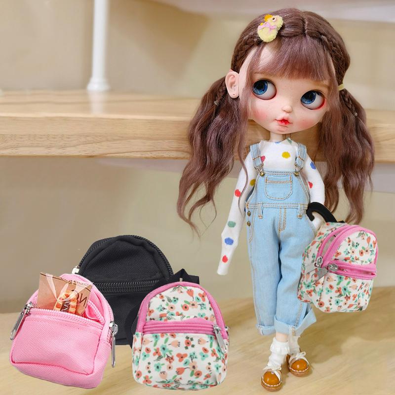 Doll Miniature Bag Toys For Bjd Dolls Zipper Backpack Cute Flower Schoolbag Dollhouse Decor Rucksack Dolls Clothes Accessories