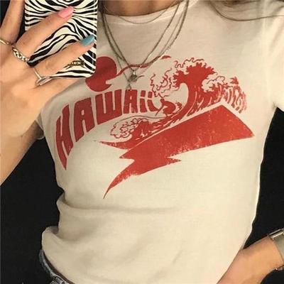 Vintage Casual punk Crop Top Y2k Estetical Graphic Print White trumpomis rankovėmis marškinėliai Moteriški gatvės drabužiai Harajuku Basic Tee Slim