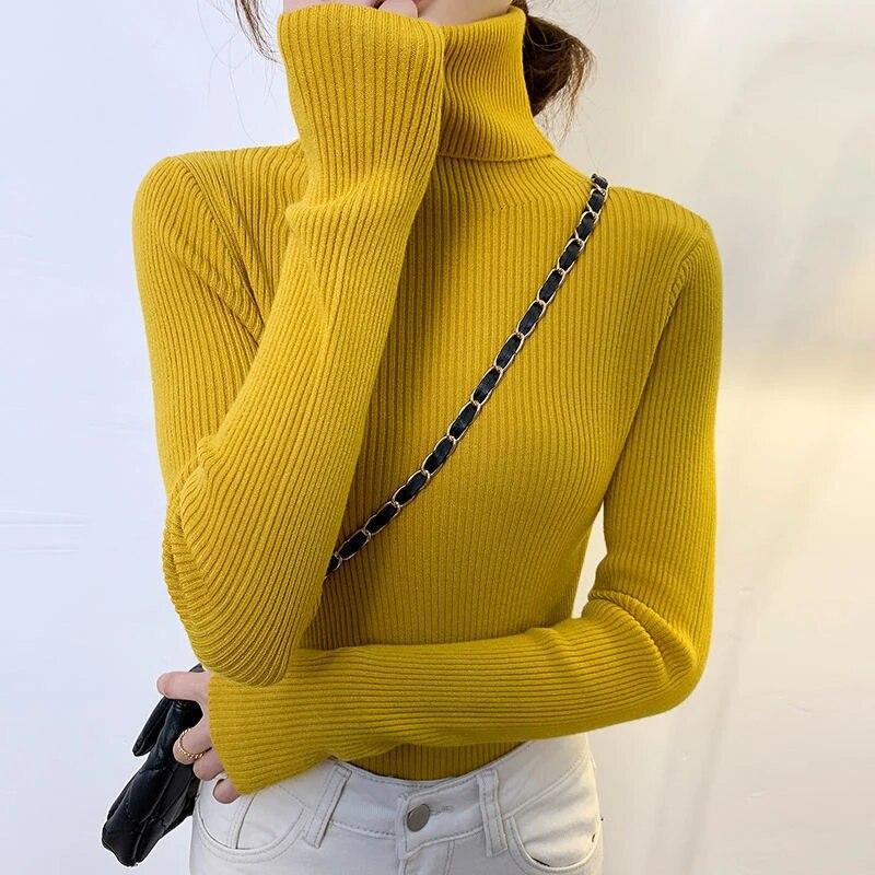 Women Pullover Turtleneck Sweater Autumn 2023 Long Sleeve Elastic Korean Simple Basic Jumper Solid Color Tops 16675