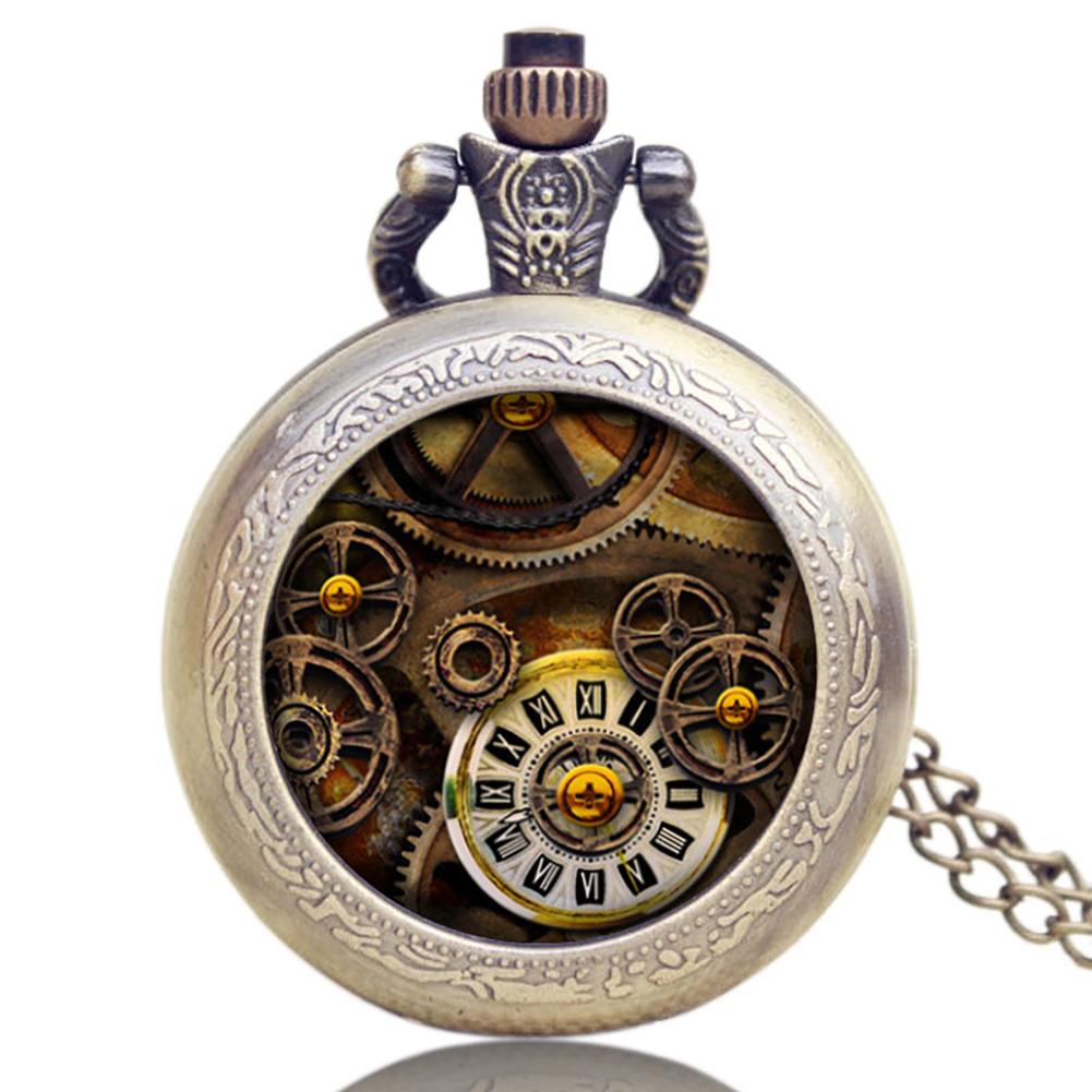 Top Gifts Steampunk Wheel Gear Pendant Pocket Watch Hour Clock Vintage Quartz Analog Round Dial Men Women Necklace Chain Watches