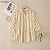 ZANZEA Women Casual Turn Down Collar 3/4 Sleeve Loose Stripe Blouse
