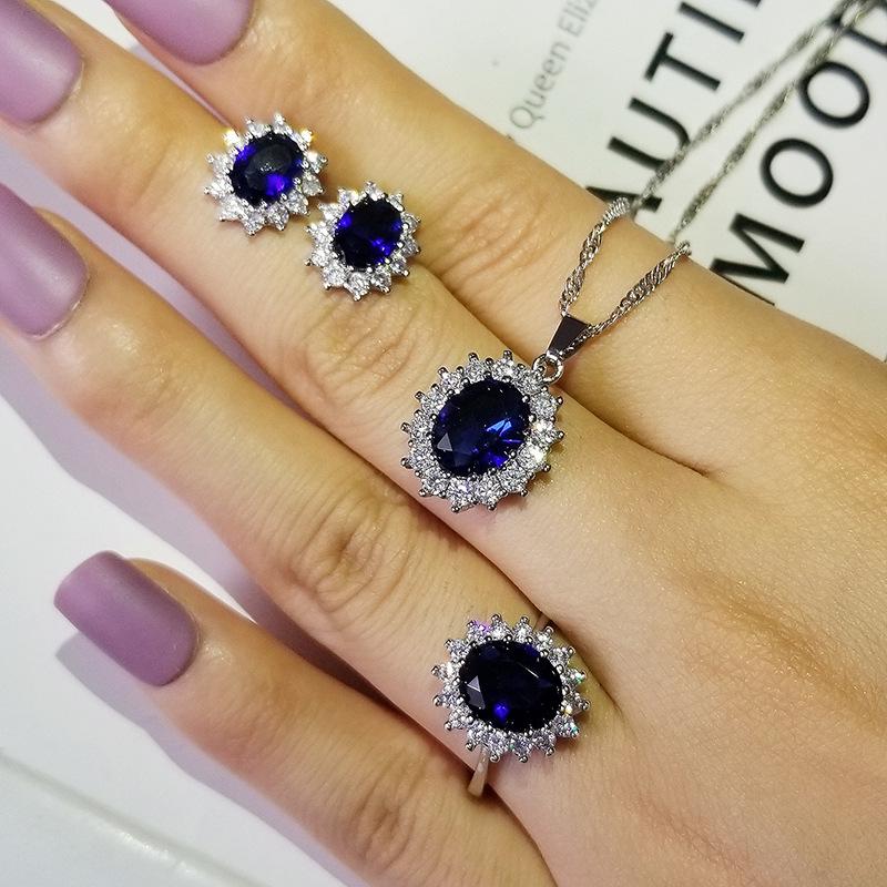 

Sunflower Zircon Fashion Jewelry Set - Three-Piece Micro-Paved Set (J5519) Size 9 синий