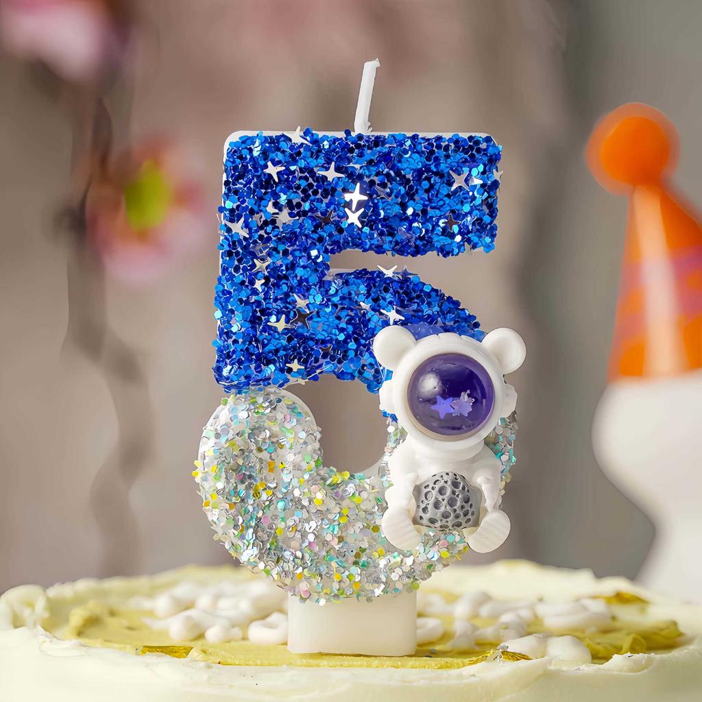 Number Zero Candle with Astronaut Design Glitter Birthday Cake Decoration for Kids Baking Party Supplies 0-9 Digit Candles Set
