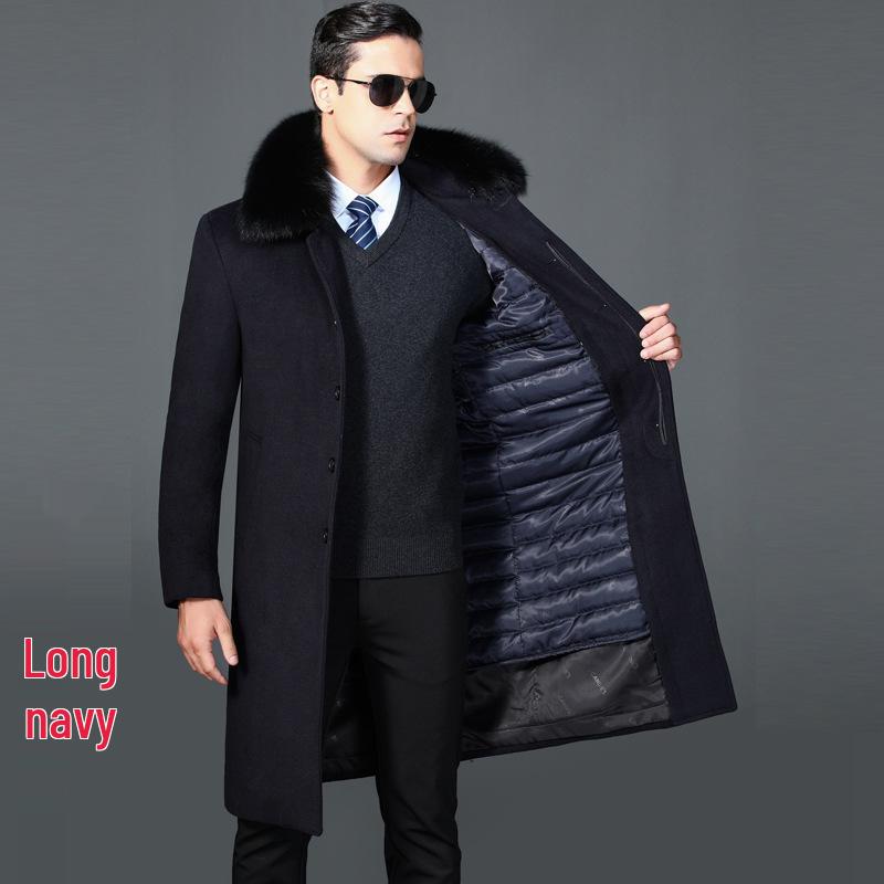 Men's Winter Wool Coat with Detachable Liner and Real Rabbit Fur Collar for Middle-Aged & Elderly