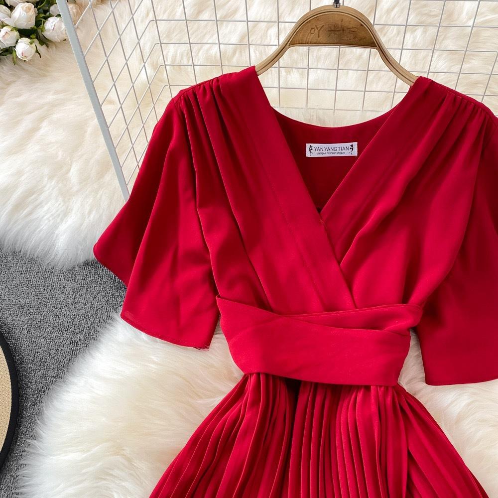 Summer Women's V-neck Short-sleeved Dress Knee-length Slim Temperament Waist Tie Large Swing Pleated Long Dress