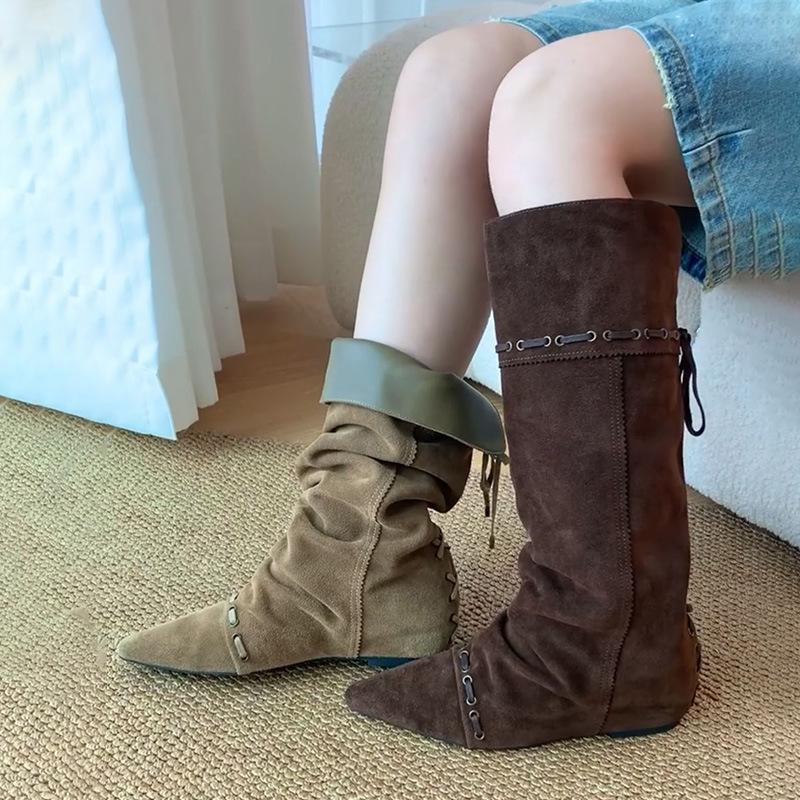 Super soft lambskin~ Stacked pleated knight boots female Maillard folding two wear western boots cowboy boots long tube