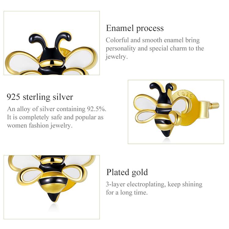 Bamoer 925 Sterling Silver Enamel Bumblebee and Sweet Honey Shiny Necklace and Earring Studs for Women Fashion Jewelry Set