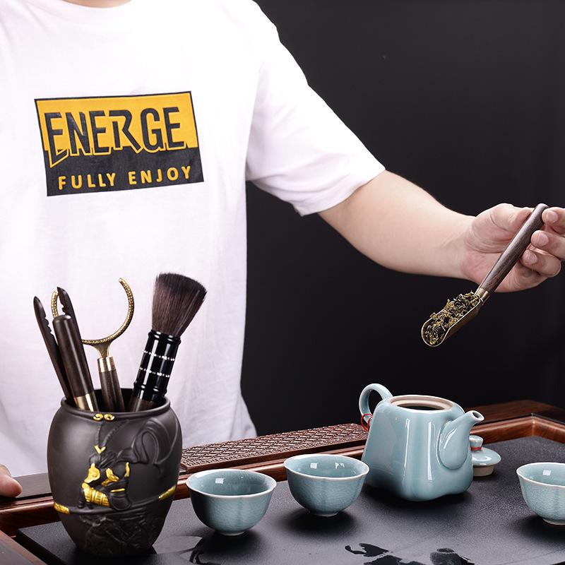 Ebony Wood Tea Ceremony Set: 5-Piece Brewing Kit with Tea Needle, Clip, Knife, Spoon, Cup Pin, and Brush.