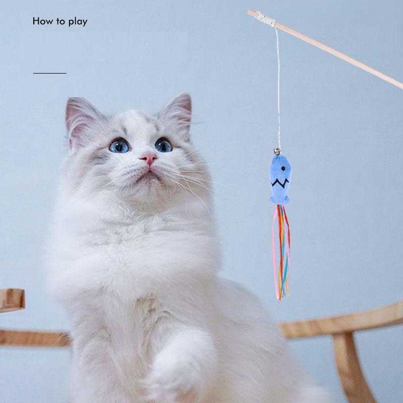 Fashion Cat Wand Toy Natural WoodenTeaser Wand for Cat Interactive Elastic String Cat Stick Pole Toy for Indoor