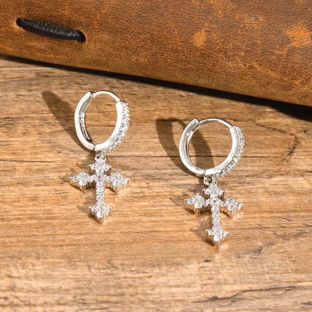 Full Cubic Zirconia Stones Cross Earrings Men Women,sparking Rhinestones Cross Dangle Earrings Gothic Punk Jewelry Gift