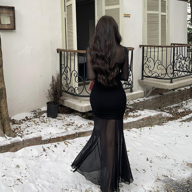 Ilya's New French Black Long-sleeved Mesh Dress Has A High Sense of Elegance and Elegance. Spice Girl