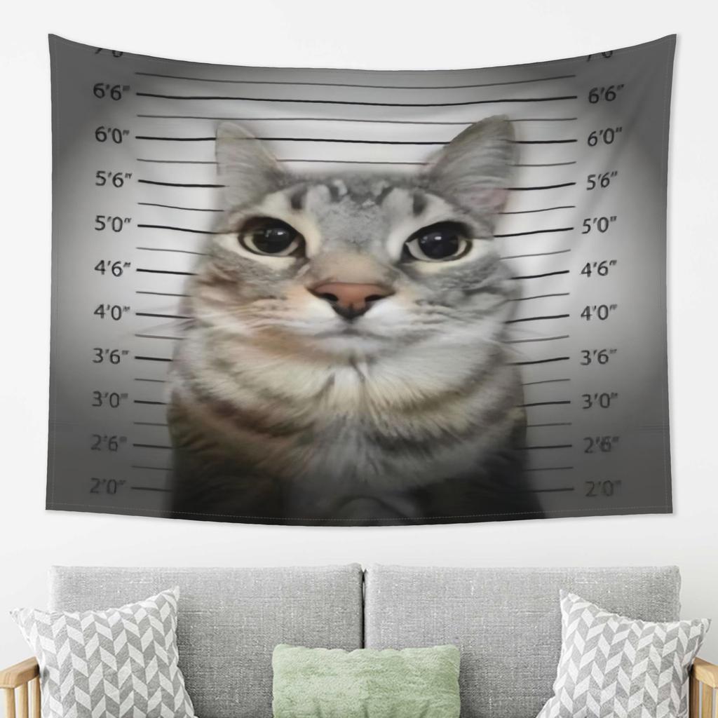 Funny Cat Imprisoned Mugshot Tapestry Fun Police Station Headshot Hanging Cloth Room Decoration