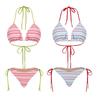 Retro Striped Women's Bikini Set with Sunscreen Long Sleeve Cover-Up