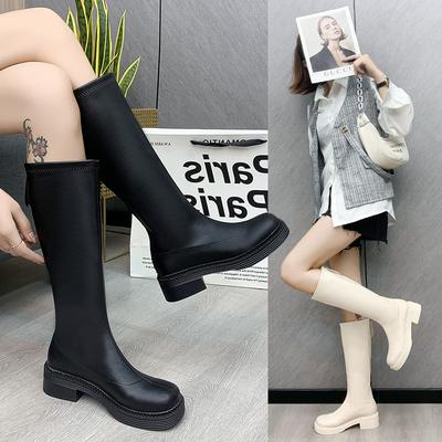 Autumn Winter New Plus Size Long Boots for Women with British Style Round Toe Square Heel Warm High Boots with Back Zipper