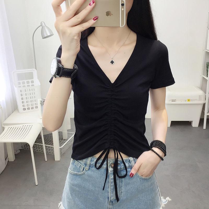 Slim Fit Women's V-Neck Cotton T-Shirt with Drawstring and Short Sleeves