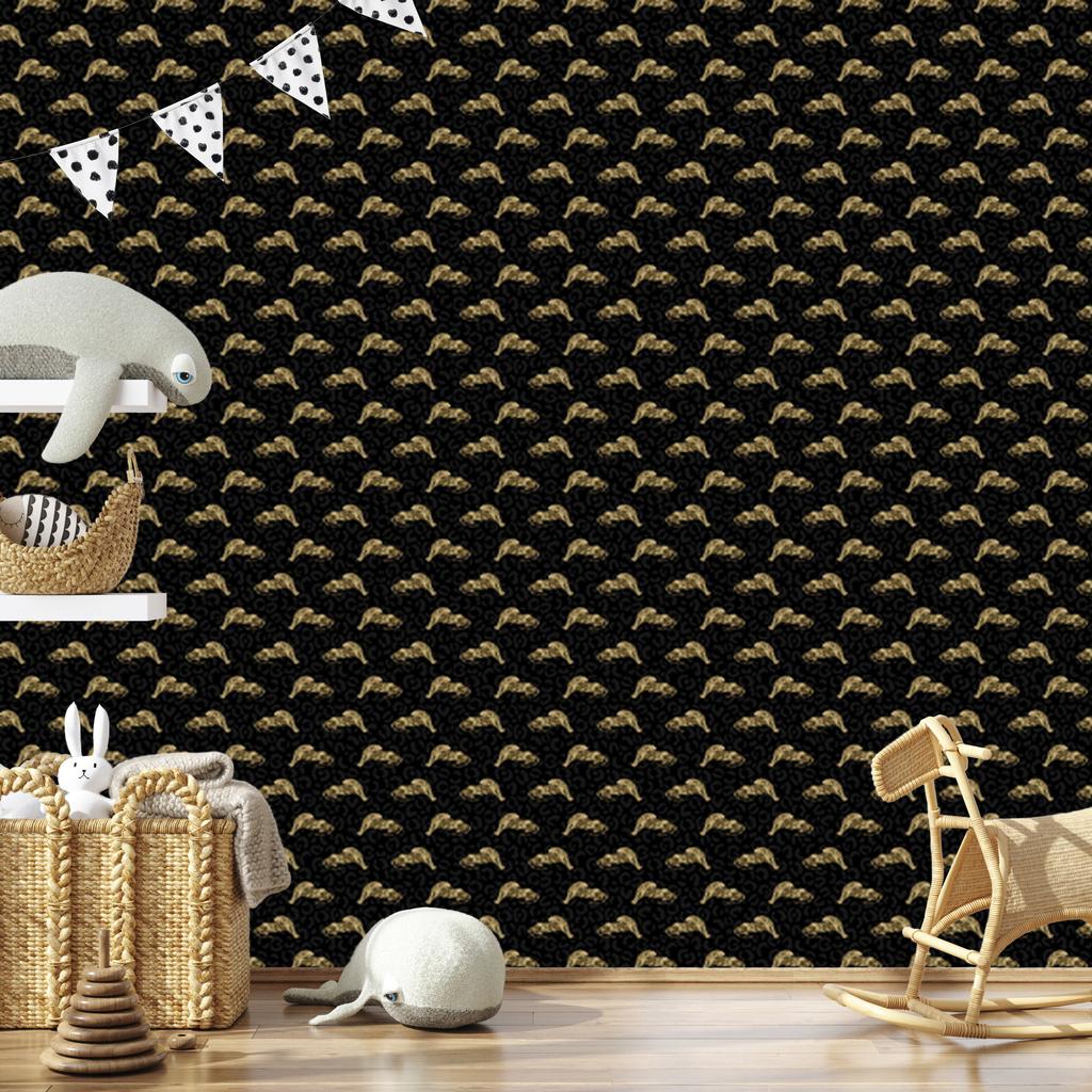 Black and Gold Tropical Pattern Wallpaper, Black, Ochre Background, 50x1000