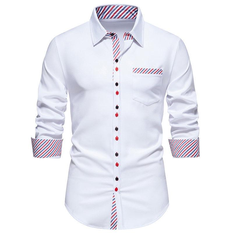 Spring Summer Triangle Collar Striped Color Blocked Men's Long Sleeved Shirt Top Shirts (men’s)