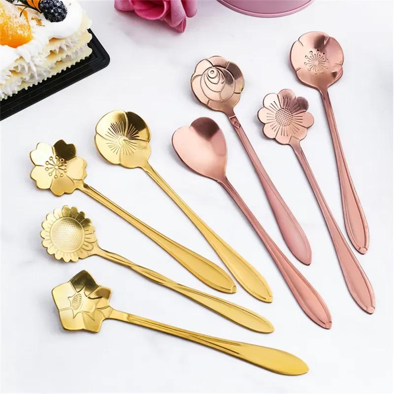 8pcs Teaspoons Set Stainless Steel Spoon Cherry Rose Gold Silver Scoop Coffee Spoon Christmas Gift Kitchen Accessories Tableware