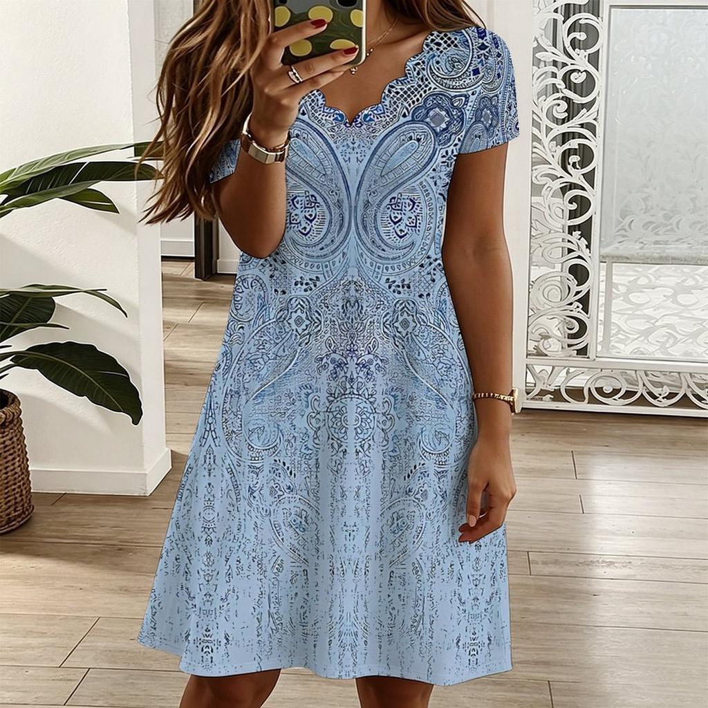 Women Plus Size V Neck Short Sleeve Dress Vintage Printed Loose A Line Dress Suitable For Outdoor And Daily Activities