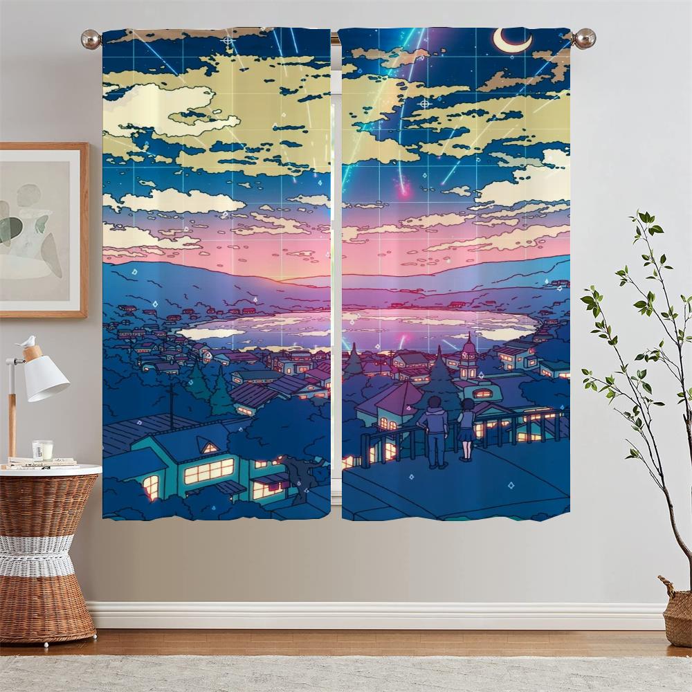 Hayao Miyazaki Modern Living Room Curtains for Camera Blind Blackout Curtain Tiebacks Partition Kitchen Curtains 2 Pcs Set Curls
