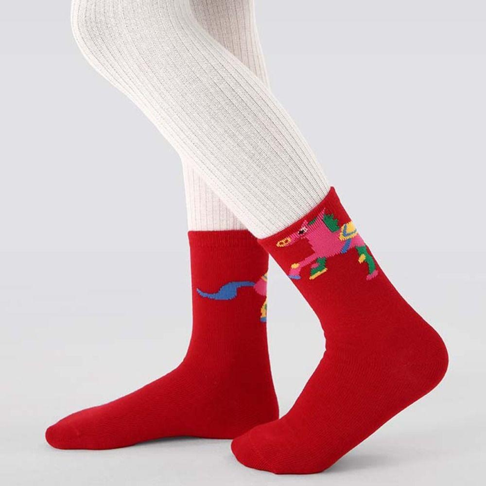 Chinese Style Children Red Socks Cartoon Winter Cotton Sock Horse Year Red Socks  Gifts