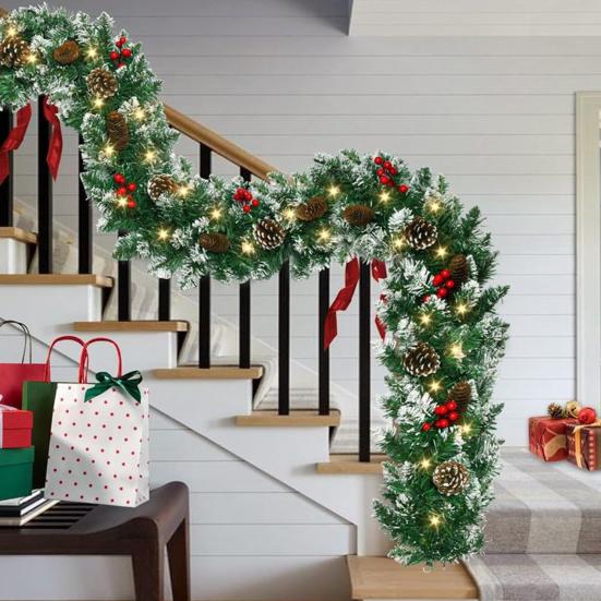 Artificial Christmas Garland with 50 LED Lights Battery Operated Prelit Greenery Garland with Pine Cones Red Berries for Mantle Staircase Doorway