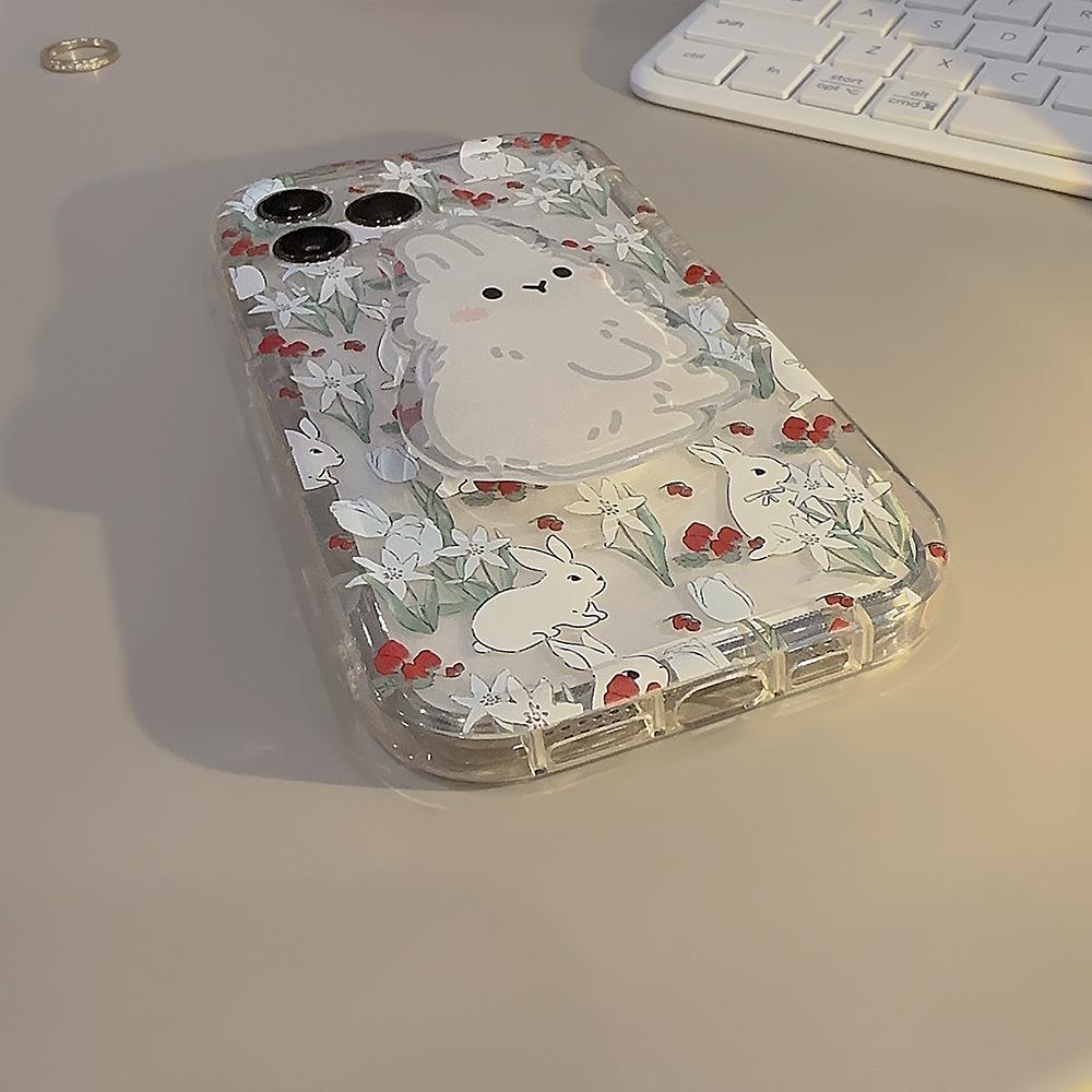 Korean-style floral rabbit design applicable iphone13Apple14Phone case11Cute girl15pro max Bracket16Transparent
