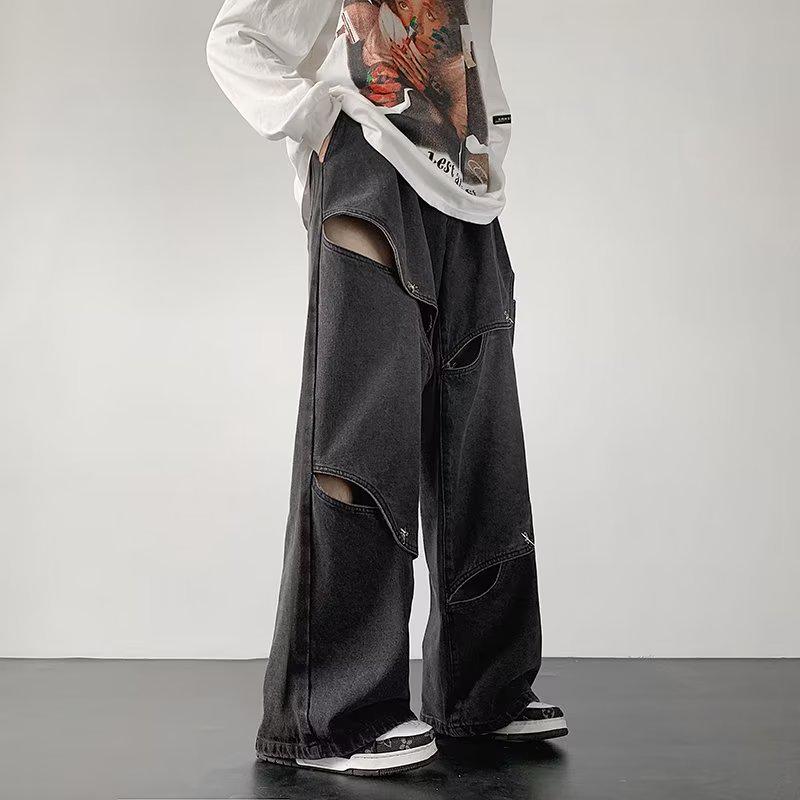 

Unisex Wide-Leg Ripped Jeans with Metal Button and Hollowed-Out Design M: Height 155-165CM (95-108 lbs) синій