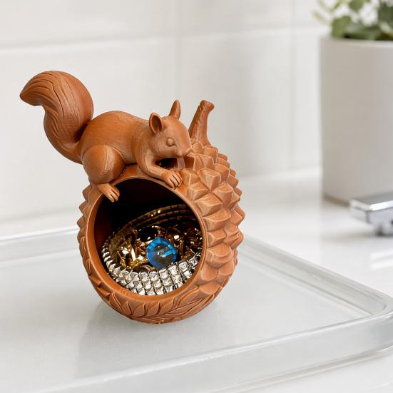Unique Animal Shape Organizer 3D Printed Squirrel Pinecone Jewelry Tray, Large Storage for Capacity Box Rings Necklaces Small Accessories, Forest