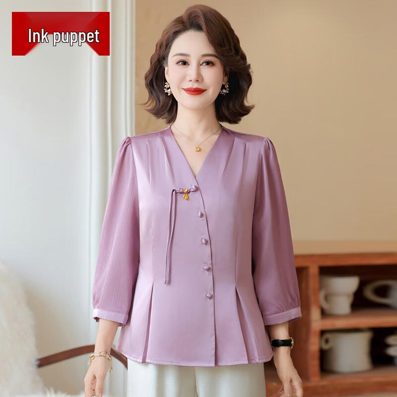 Mo ou Mid-Aged Women s New Chinese Style 3/4 Sleeve Blouse 3XL