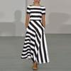 Moda Donna Estate Primavera Stampa a Righe Manica Corta Girocollo Vita Alta Abiti Casual