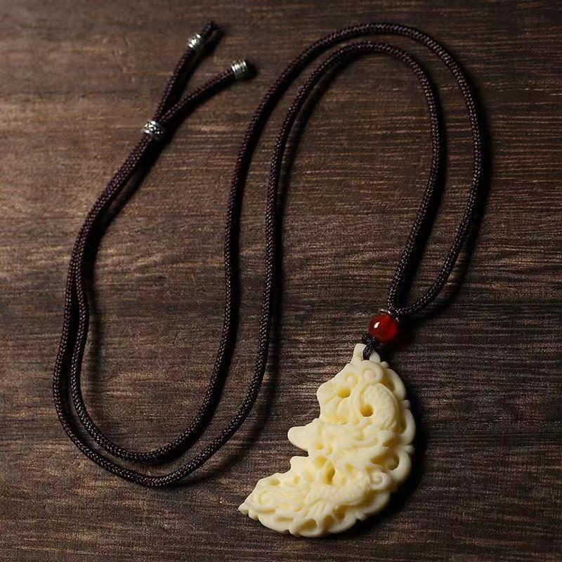 Dragon and Phoenix Ivory Nut Pendant Necklace - Versatile and Auspicious Valentine's Day Gift for Couples