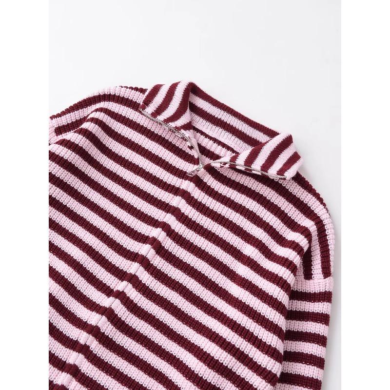 Frühling Damen Locker Fauler Stil Pullover Cardigan Ausgestellter Revers Langarm Doppelkettenstreifen Strickmantel