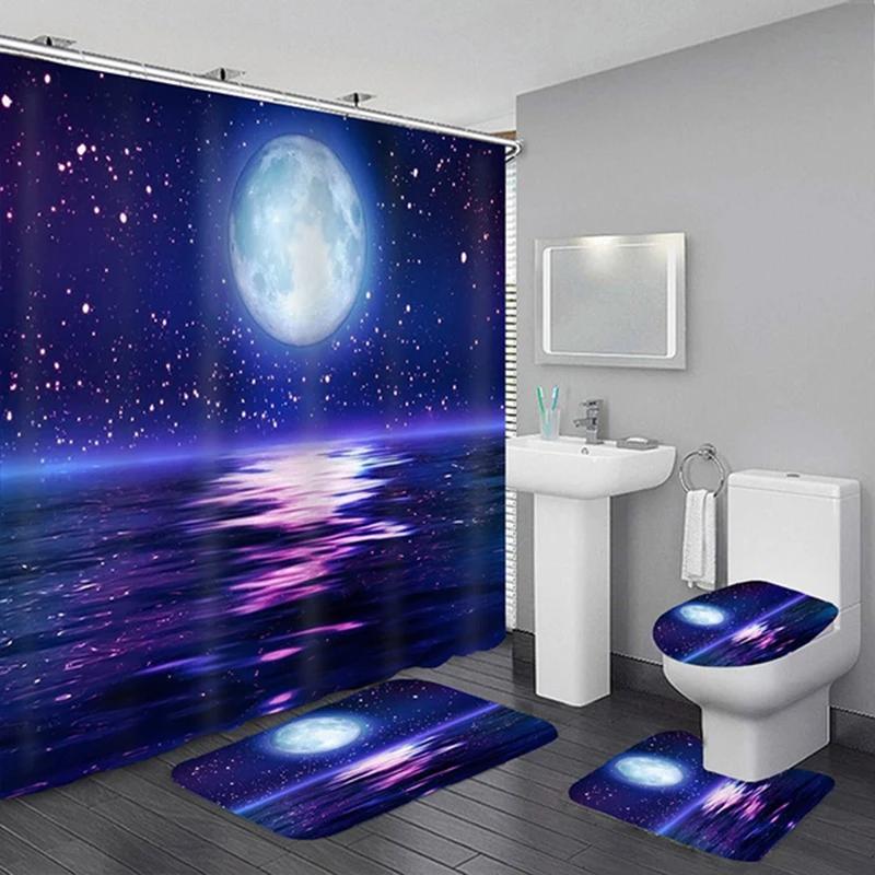 Wasserdichte Duschvorhang-Sets Mit Teppichen Mondlicht Meereslandschaft Badteppich Und Matten Haken Toilettensitzbezug Badezimmerdekoration