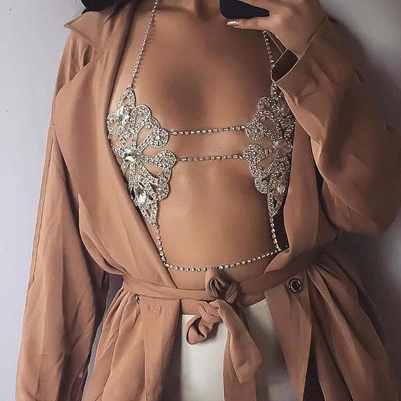 Women's Body Belly Chain Silver Bra Jewelry Sexy Necklace Bikini Sexy Hollowed Out Chest Chain for Beach Party Women