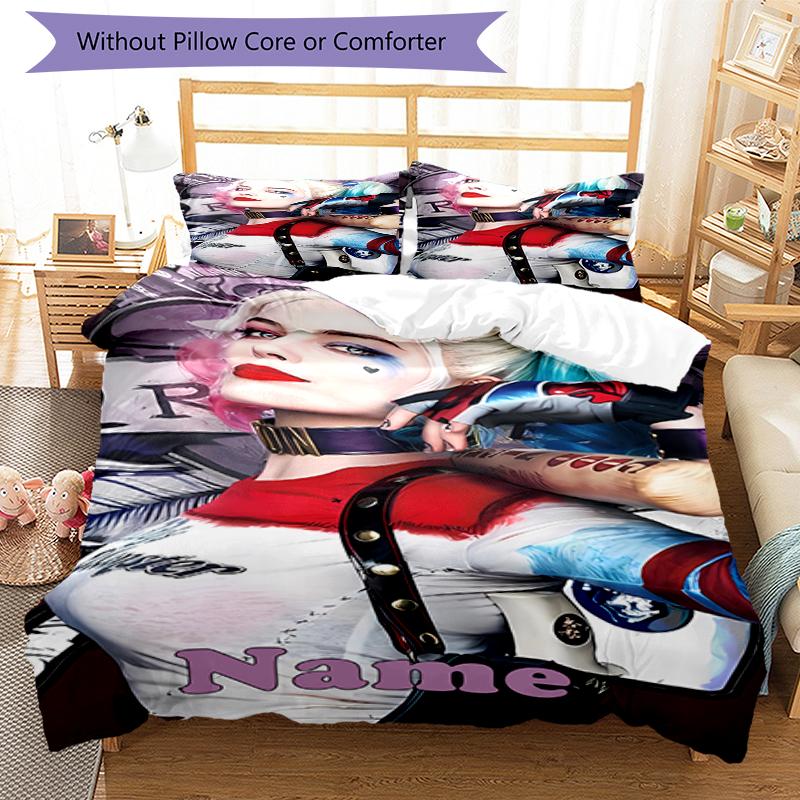 3pcs Custom Name Harley Quinn Bedding Set Duvet Cover Closure Includes 1 Duvet Cover & 2 Pillowcases, Soft and Comfortable for All Seasons.