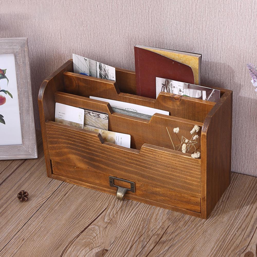 Vintage Light Brown Solid Wood Desktop Storage Box with Drawer Desk Organizer Distinctive Independent Document Souvenir Display