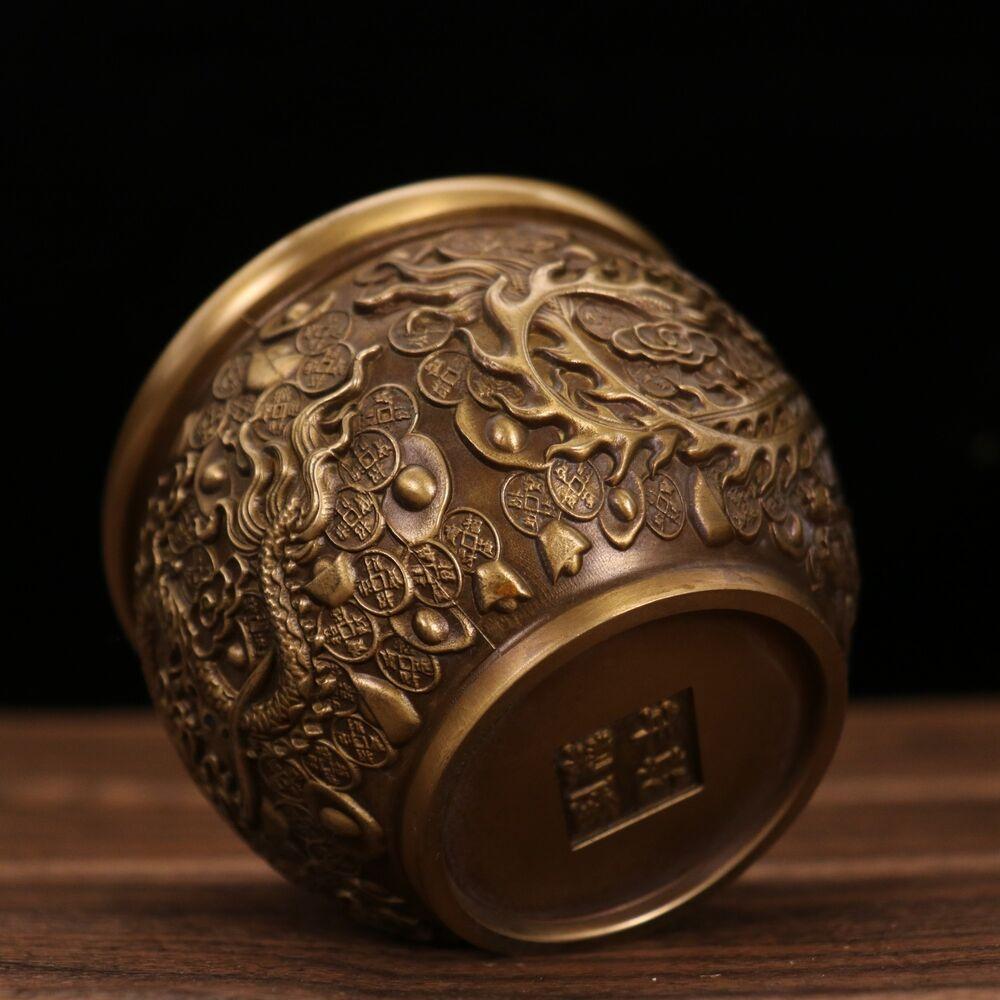 3.7" Collection China Bronze Animal Dragon Phoenix Yuanbao Money Treasure Bowl Statue