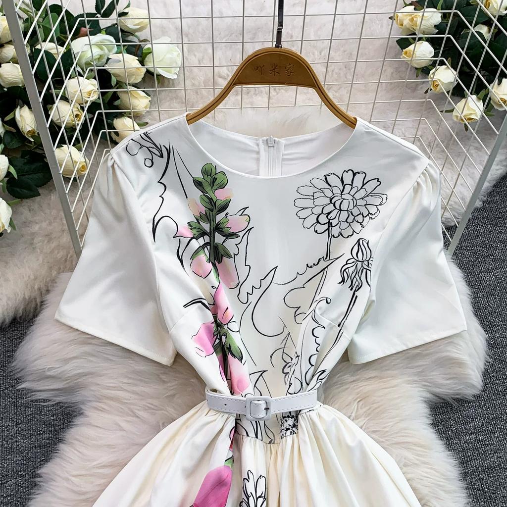 2026 New Summer Women Floral Print Short Sleeve Midi Long Elegant Gorgeous Bridesmaid Cocktail Party Dress with Round Neck