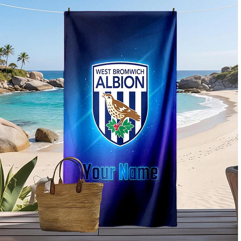 West Bromwich Albion FC Personalized Printed Beach Towel Soccer Logo Support Custom Name Text Absorbent Towel For Sport Travel Special Gift