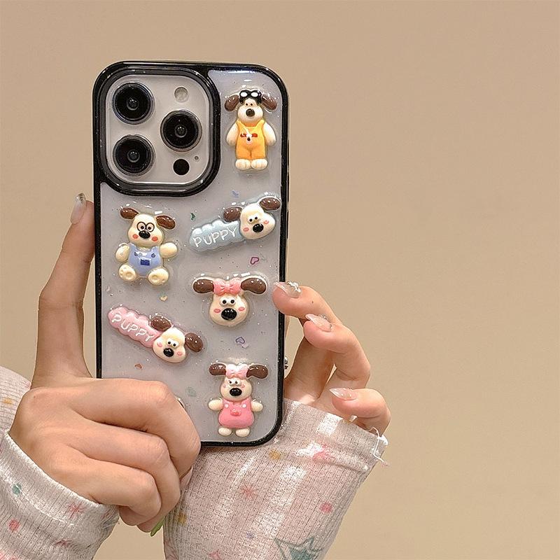 Cartoon Puppy Phone Case for IPhone16Promax Transparent Glue for Apple 15 Sequin 17 Female Model Ins