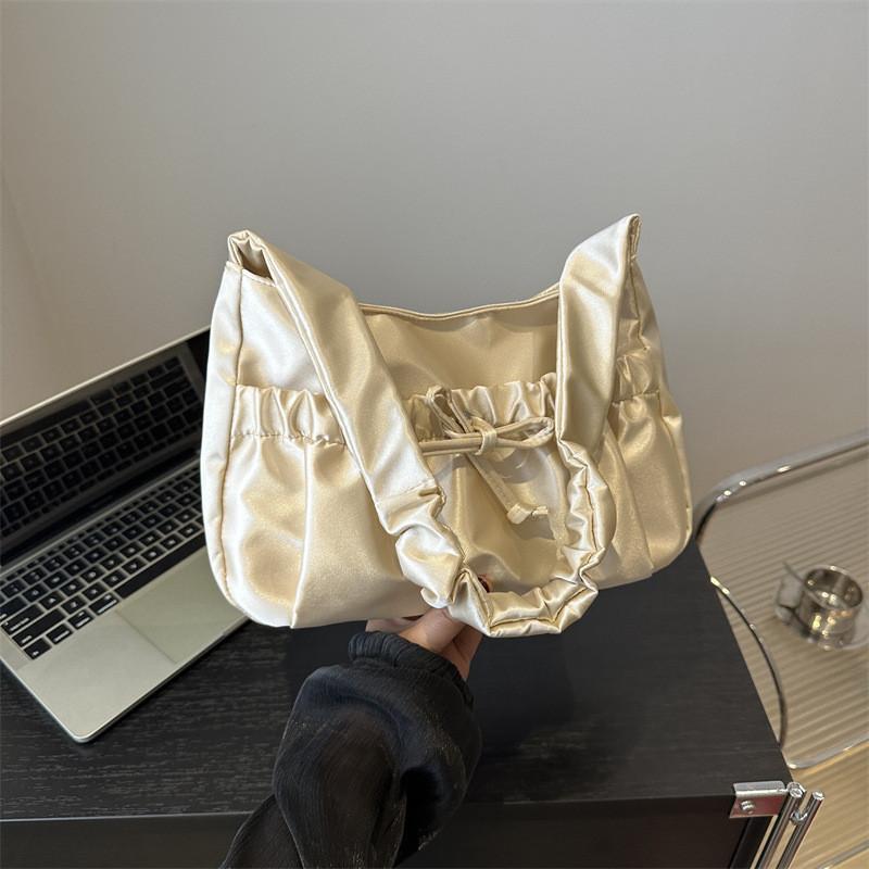 Stylish Large Capacity Underarm Bag For Women 2024 With Drawstring Pleated Design In Black And White Colors