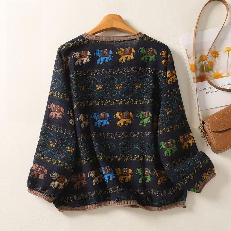 Maglia a maniche lunghe con scollo a V in cotone e lino stile nazionale retrò da donna, maglione a maniche lunghe sottile e ampio per la primavera e l'autunno