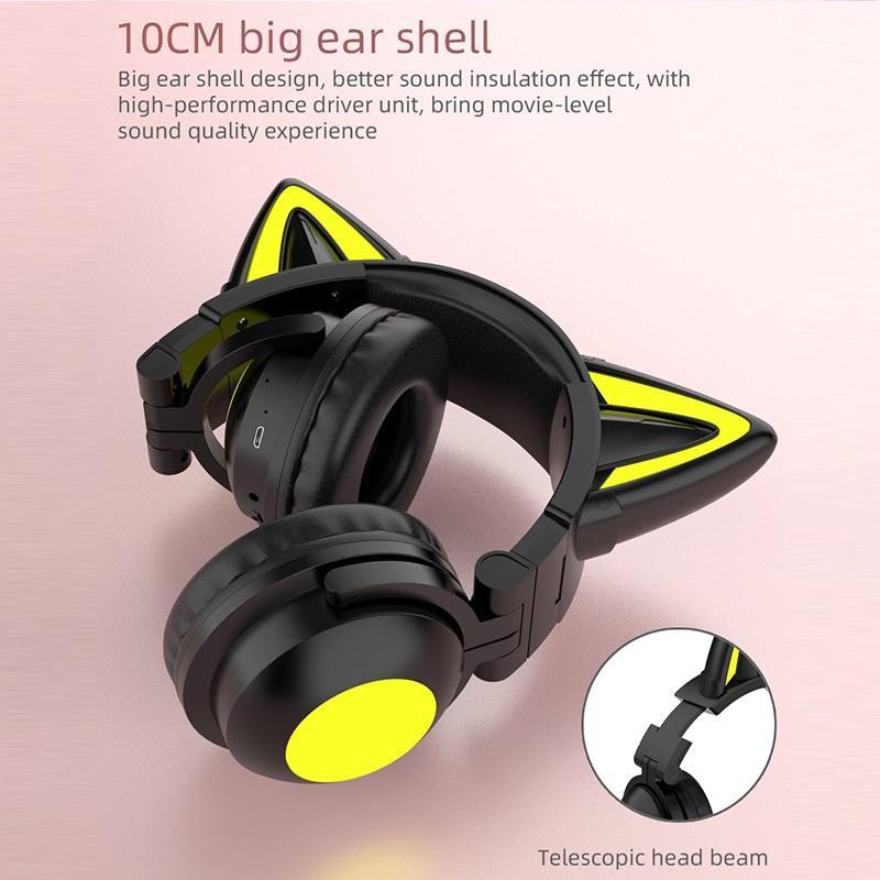 Căști de gaming cu LED, cu ureche de pisică, pliabilă, montată pe cap, Căști Bluetooth 5.0, căști fără fir adevărate cu microfon