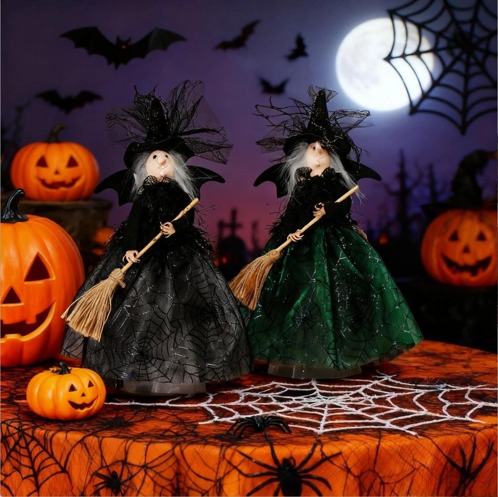 Haunted House Doll Ornaments Decorate Props Witch Doll Broom Halloween Decorations Ghost Festival Witch Figurine Hanging Dolls