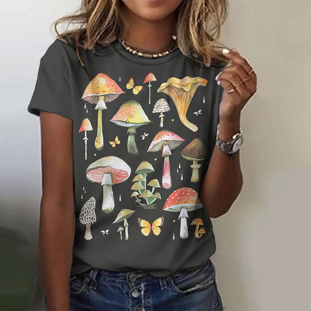 High-Quality Cotton Cute Mushroom Print Women's T-Shirt Retro Fashion Casual Summer New Short-Sleeved Women's Clothing