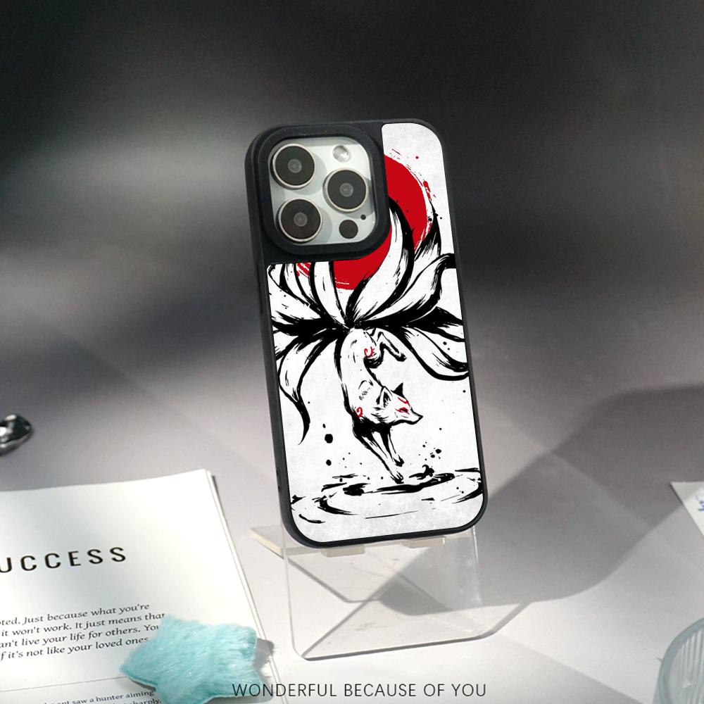 

Nine-tailed fox art fashion design Phone Case for iPhone 17 16 e 15 14 13 12 Pro Max Sheepskin Silver-edged protective case iPhone 11 Pro